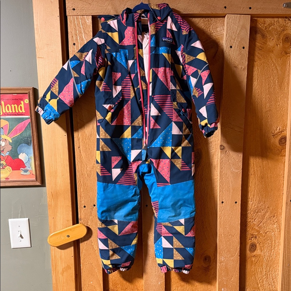 Patagonia Geometric Snowsuit in Blue, Pink, and Yellow